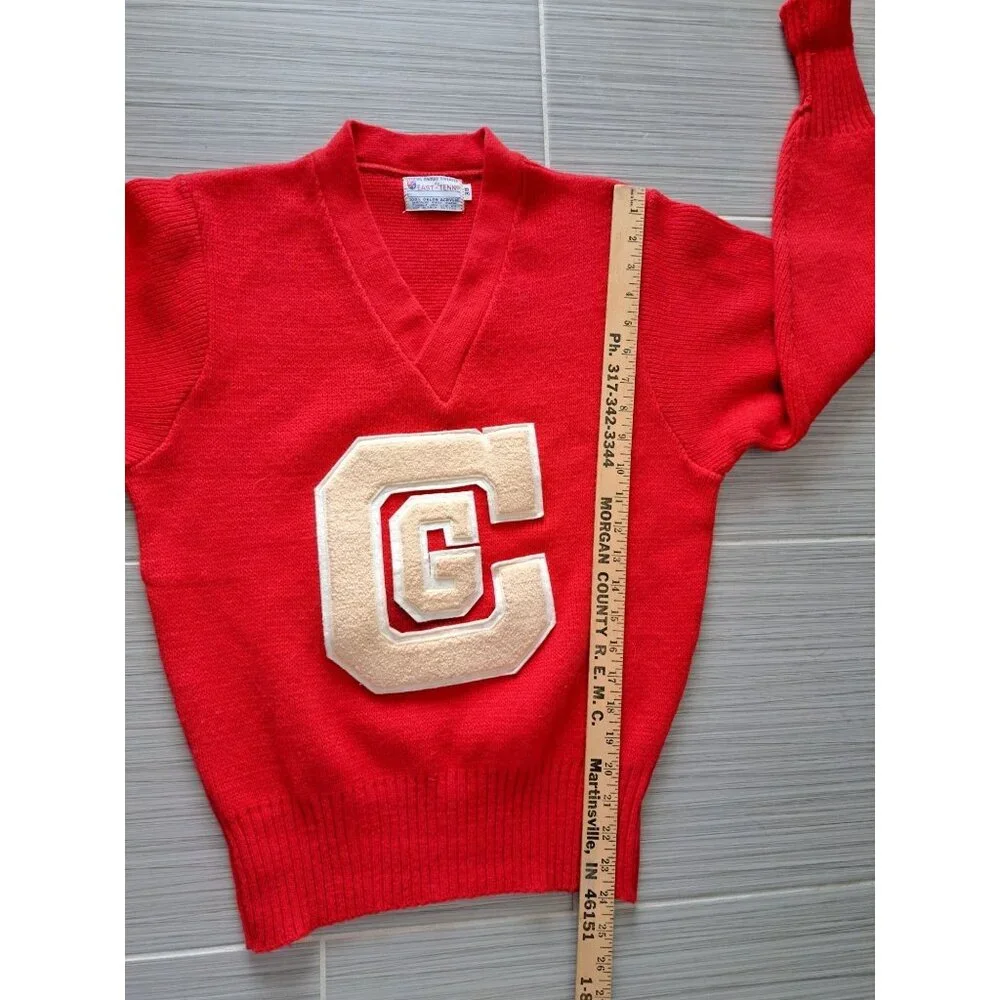 Vintage 70's East-Tenn Varsity Red Official Award Sweater Chenille "CG" Patch M - Picture 6 of 10
